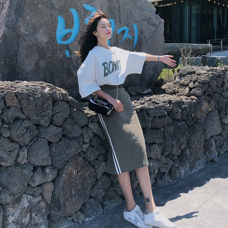 

2019 New Style Korean-style T-shirt Short Sleeve Skirt Two-Piece Set