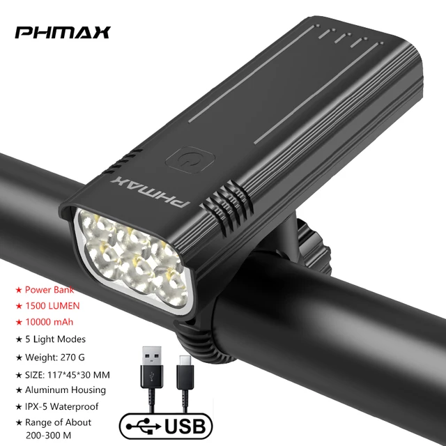 PHMAX Bicycle Flashlight 1500mAh 500 Lumens LED MTB Bike Front Light USB Rechargeable Rainproof Bike Lamp Set Bicycle Headlight QD-3401