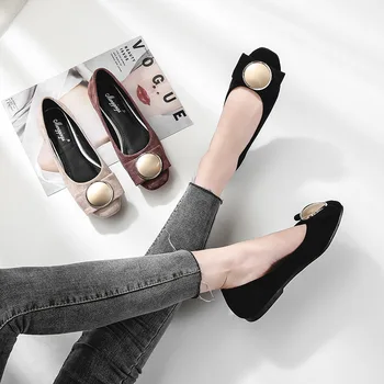 

2020 Korean Version of the New-Style Square Head Low-Cut Metal Buckle Women's Flat Shoes Suede Shoes