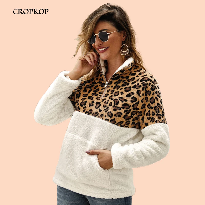 

Leopard Patchwork Teddy Polar Flee Oversized Sweatshirt Women Pockets Warm Winter Casual Zipper Pullover Hoodies Sherpa Top 2019