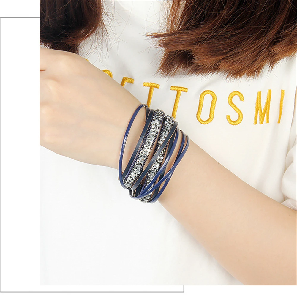 Женский кожаный браслет, Браслет-манжета, стразы, браслет с кристаллами, браслет на запястье, вязаный браслет, манжета, браслеты для девочек, подарок