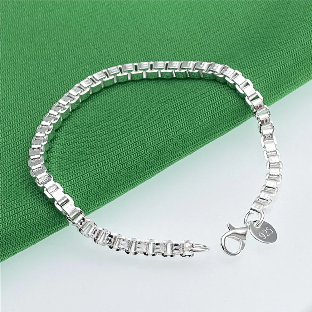 925 Sterling Silver Square 4mm Bracelet Chain Box For Fashion Female Charm Wedding Engagement Party Jewelry