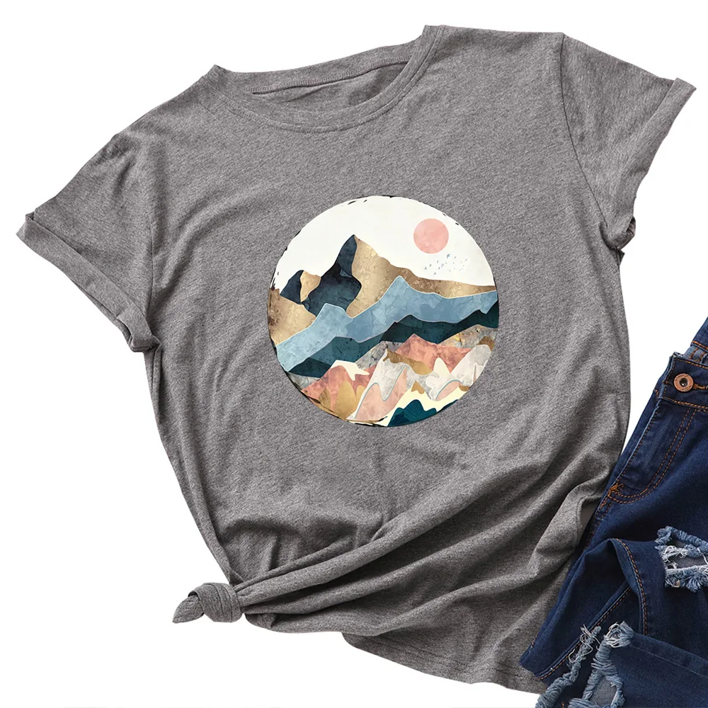 Plus Size Women's Tops T Shirt Creative Golden Mountain Peak Women T-shirt Graphic Funny Print Cotton Tshirt Summer Top Tees