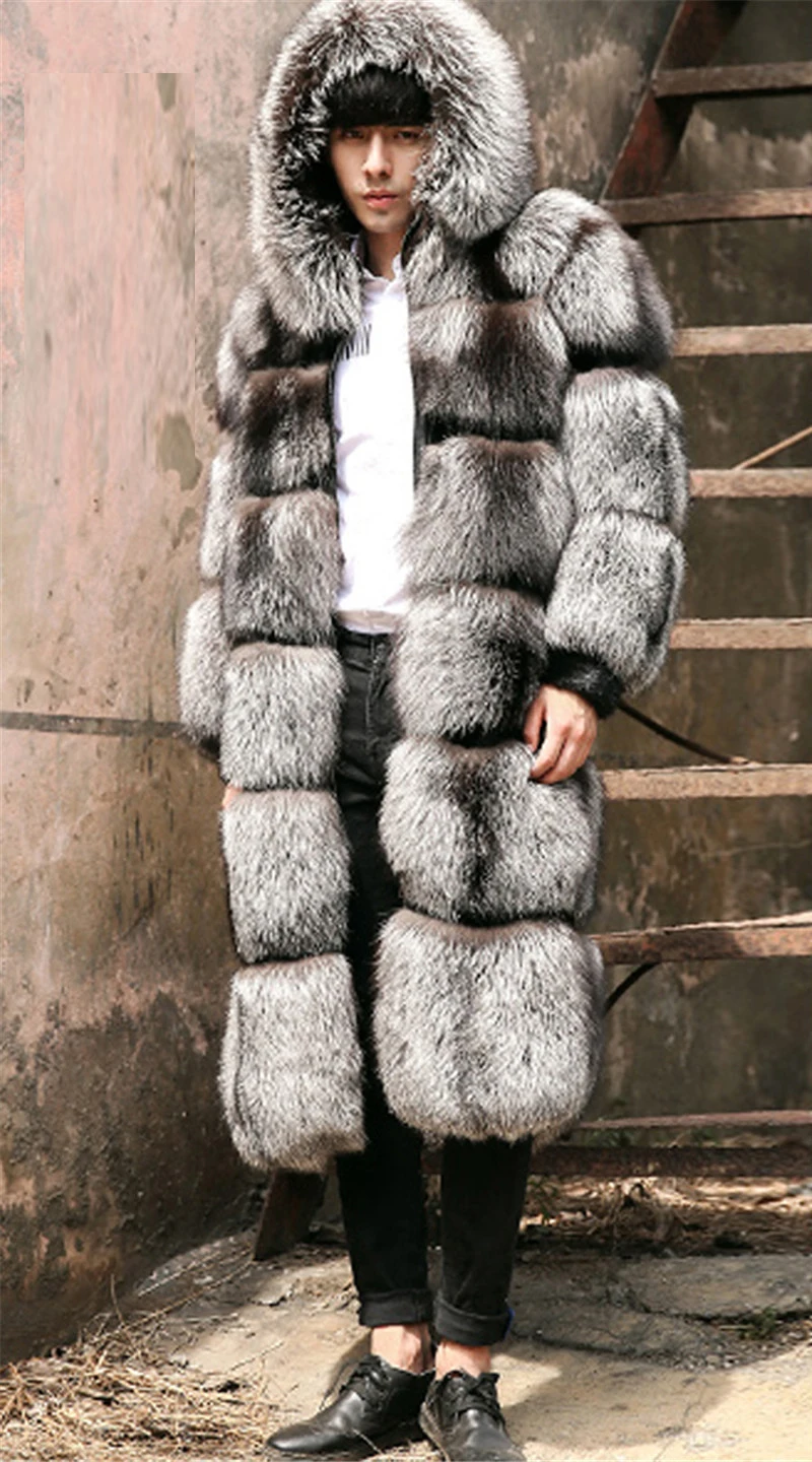 Натуральное пальто из натурального меха Красной лисы, Мужская зимняя Роскошная куртка из меха лисы длиной 110 см, настоящее толстое теплое пальто с капюшоном FM-001