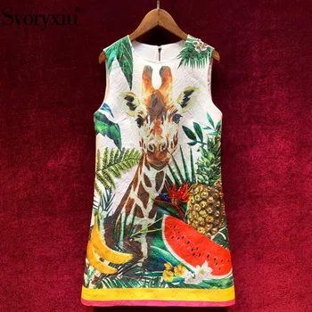 

Svoryxiu 2020 luxury Runway Summer Giraffe Fruit Print Jacquard Short Dress Women's Fashion Beaded Diamond Party Tank Dresses