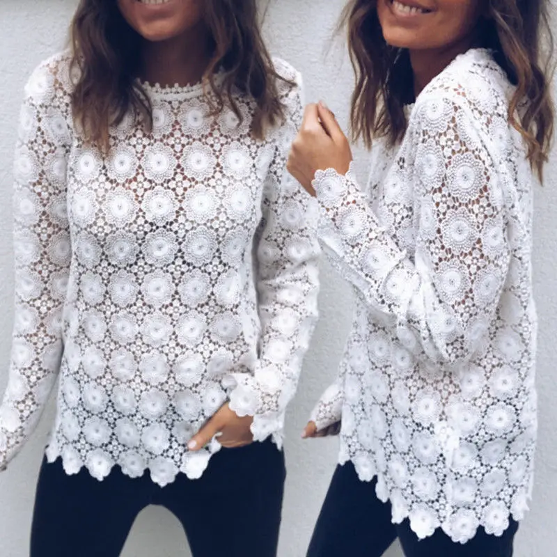 

Women Boho Blouse Spring Autumn Lace Floral Embroider See-Through Round Neck Loose Casual Shirt Tops Femme Ladies Mesh Blouse