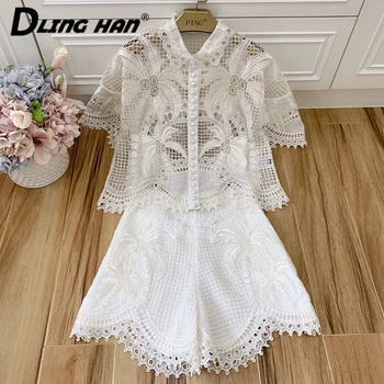 

LINGHAN Sexy Hollow Out White Set Embroidery Stand Collar Short sleeve Tops + Fashion Shorts Two-Piece Set Spring Summer New