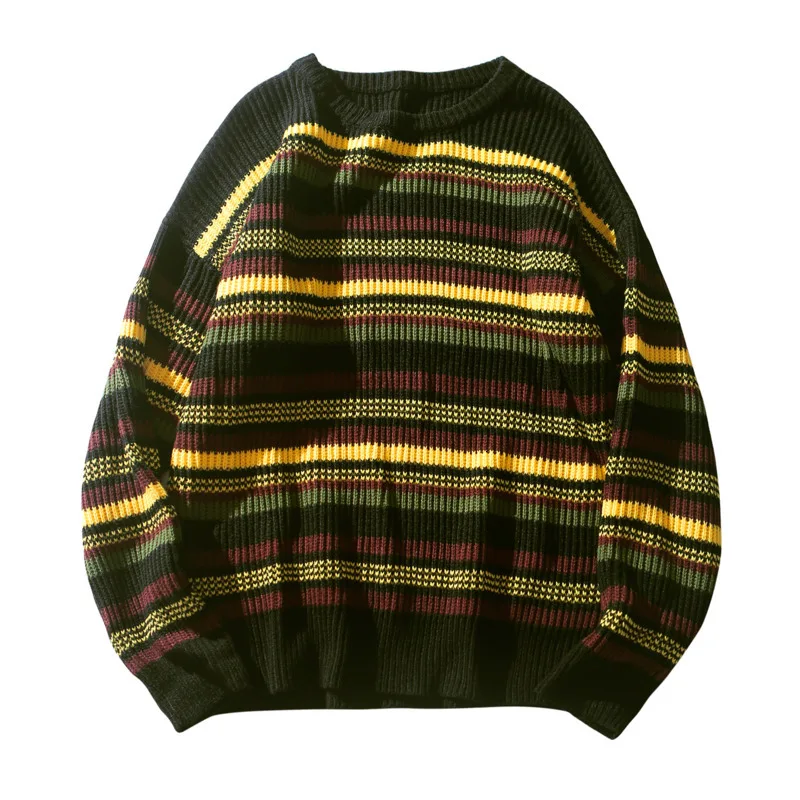 Autumn Striped Sweater Men Fashion Contrast Color Casual Knit Sweaters Men Loose Long-sleeved Pullover Sweter Man Clothes M-2XL