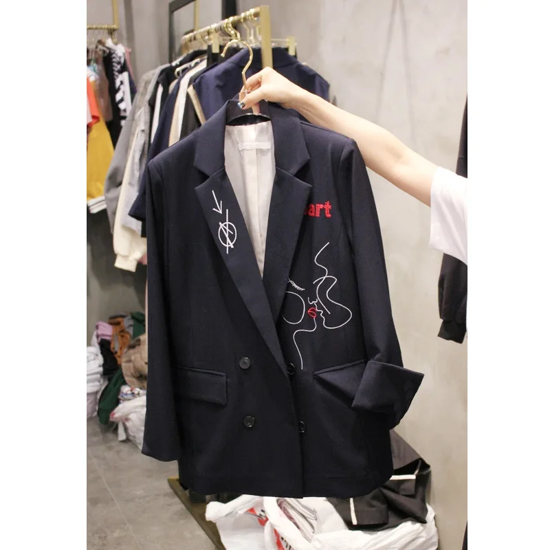 Cena 2019 nowa moda ścięty na co dzień z długim rękawem Blazers kobiety kieszenie elegancki Temperament list haftowane kobiet garnitur