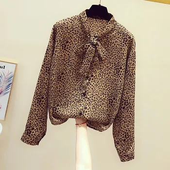 

Fashion Leopard Blusas Woman New Korean Style Bow Round Collar Long-sleeved Print Shirt Women's Casual Blouse Tops Autumn