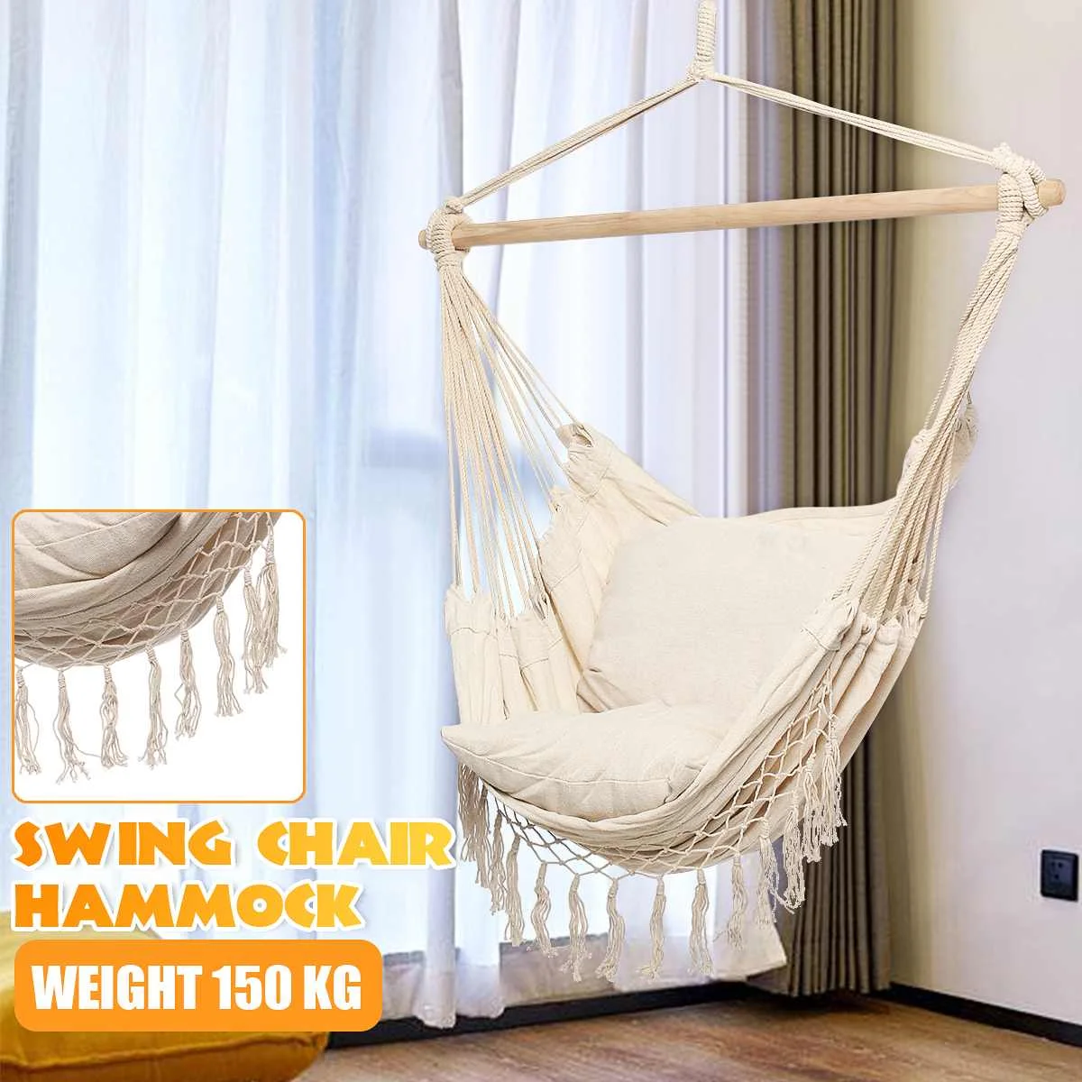 

SGODDE Garden Patio Porch Cotton Rope Swing Chair Seat Hammock Swinging Wood Outdoor Indoor Chair Hot Sale