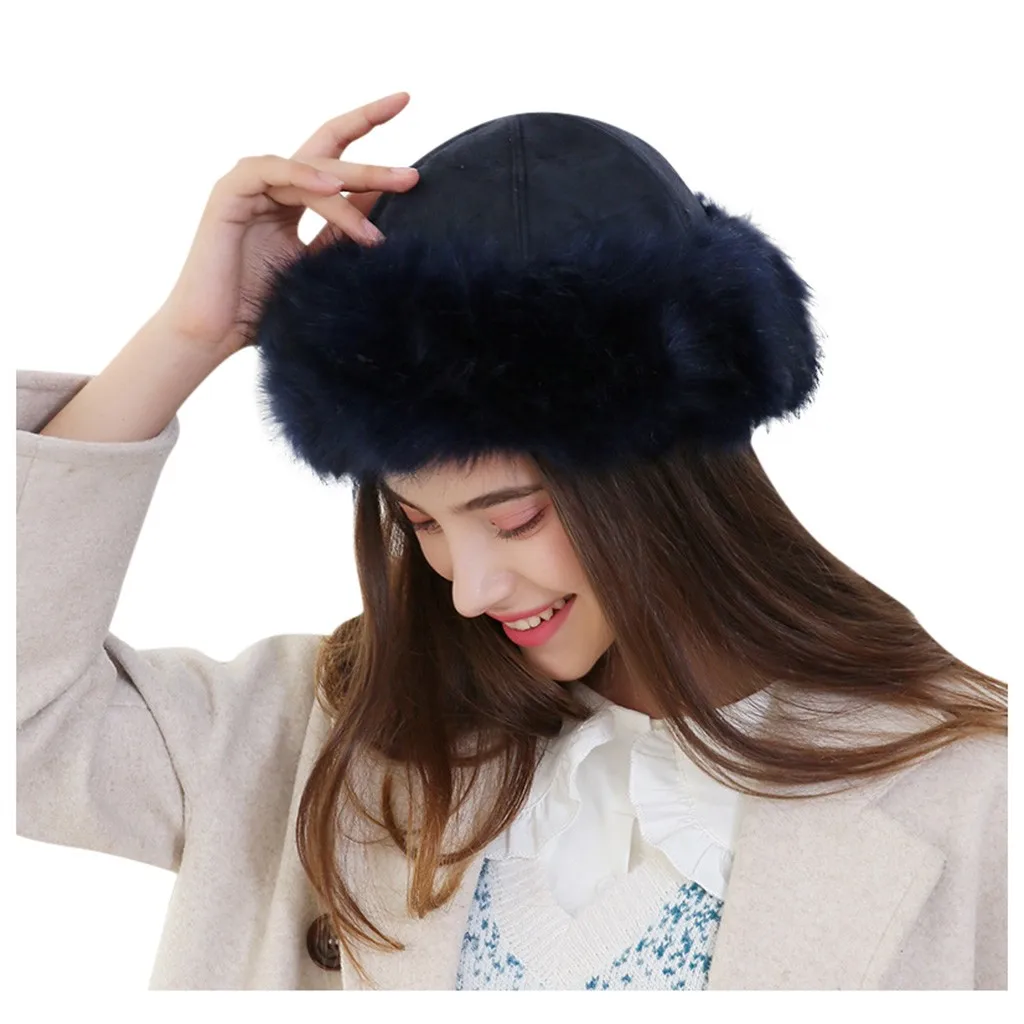 Зимние шляпы из искусственного меха Модные женские зимние монгольские русские уличные шапки однотонные толстые теплые однотонные наушники шерстяные шапки - Цвет: Navy