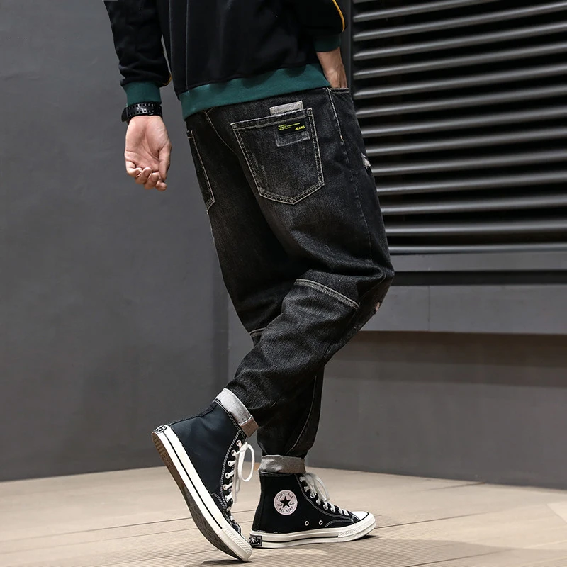 

Style Fashin Men Japanese Jeans Vintage Designer Ripped Jeans Homme Spliced Retro Black Harem Pants Streetwear Hip Hop Jeans Men