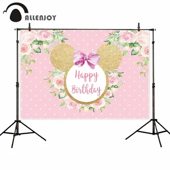 

Allenjoy Cartoon Mouse Backdrops Happy Birthday Wall Flower Leaves Bow Dots Photo Background Baby Shower Pastel Party Decoration