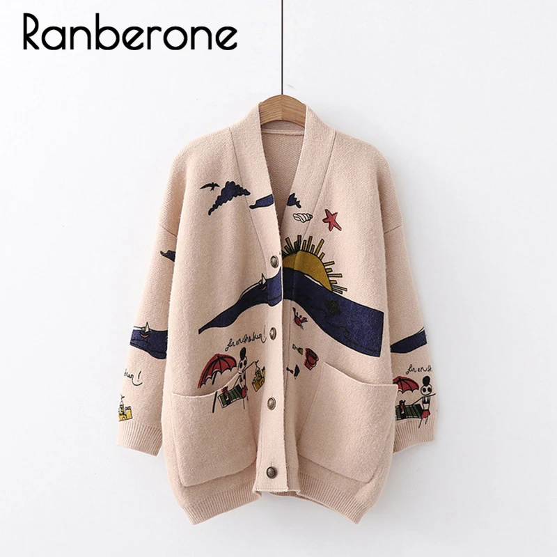 

Ranberone Women Sweater Cardigan Spring Woman Knitted Cardigan Sweaters Japanese Girl V-neck Jacquard Cardigan Sweater Winter