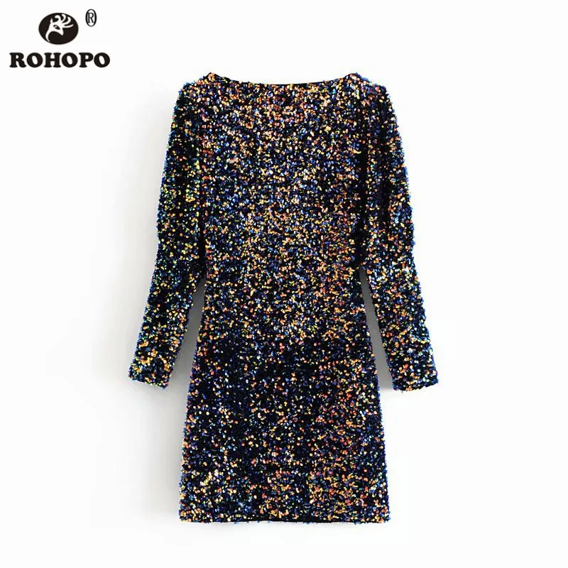 ROHOPO/бархатное блестящее мини-платье с квадратным воротником и блестками; женское плотное тонкое платье с длинным рукавом; вечерние блестящие мини-платья#2530
