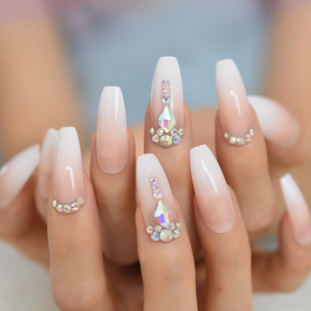 Luxury Strass Fake Nails AB Rhinestone Decorative Extra Long Ballerina White Full Cover Artificial Tips Natural 24