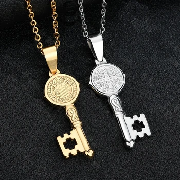 

100% Stainless Steel Saint Benedict Cross Medal Key Pendants & Necklace San Benito Religious Medals Wholesale 10pcs