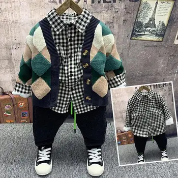 

Winter Sets Children's Wear, New Children's Suit, Boy's Knit Cardigan,plush T-shirts, plush jeans 3pcs Pieces of boys sets 2-6Yr