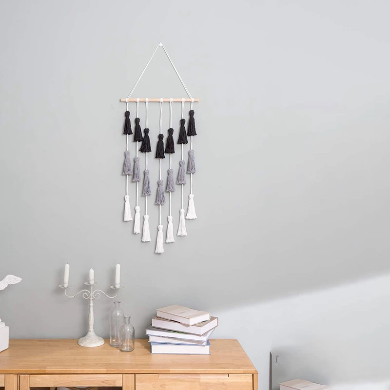 Настенный Тканый гобелен LUDA Macrame с кисточками, Настенный декор в стиле бохо для гостиной, спальни, детской комнаты, черный, серый и Wh