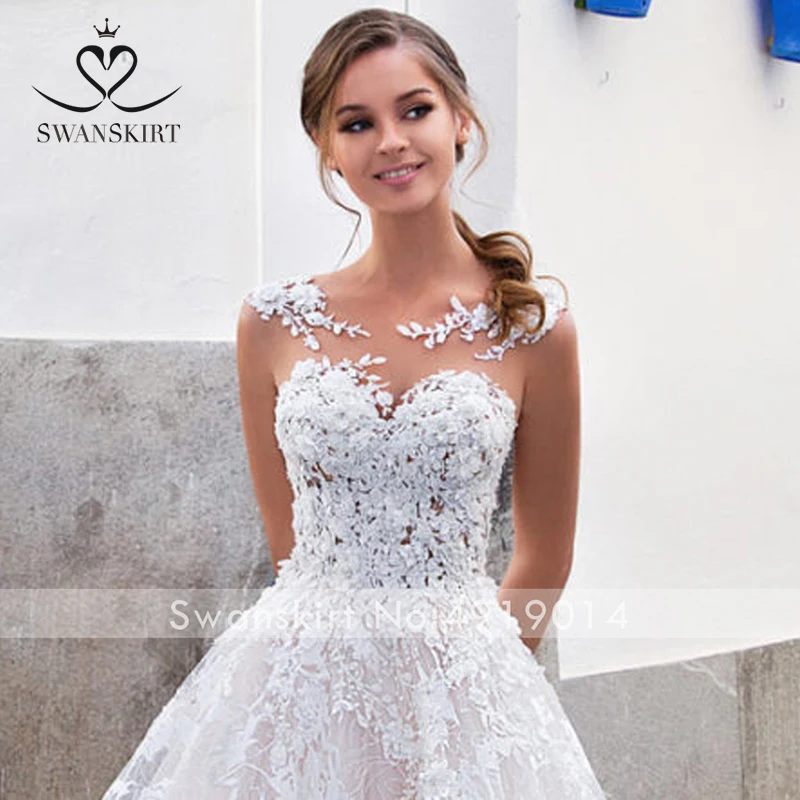 Модные Аппликации Кружева Свадебное платье Swanskirt GI12 Иллюзия A-Line суд Поезд Принцесса Свадебные платья под заказ Vestido de novia