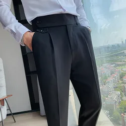 British Men's Trousers High Waist Business Casual Work Suit Pants Button Belt Slim Fit Dress Clothes Male Khaki White Black