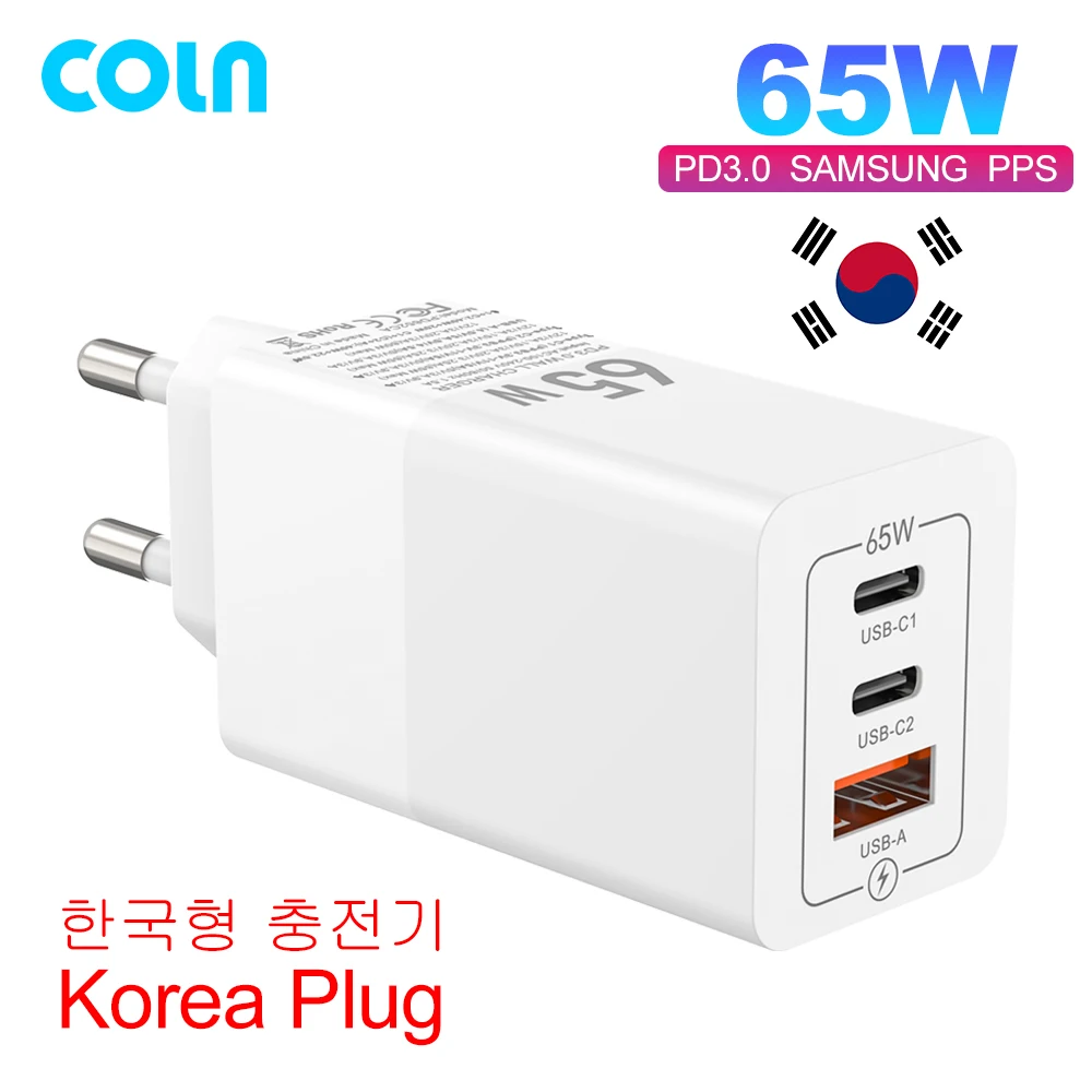 Зарядное устройство GaN 65 Вт USB C PD45W 20 PPS QC3.0 Korea KR Plug Type адаптер для быстрой зарядки