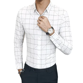 

British Style Shirt Men's New 2019 Spring Plaid Shirt Long Sleeve Male Shirts Business Casual Slim Fit Night Club Tuxedo Dress