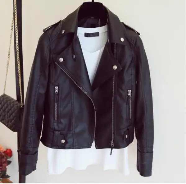 

Female 2019 new design spring autumn pu leather jacket faux soft leather slim coat black rivets zipper motorcycle jackets