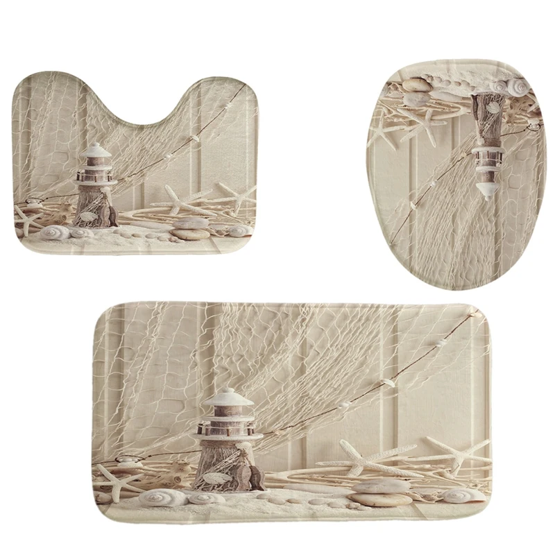 4Pcs Home Bathroom Decor Set Lighthouse Pattern Toilet Seat Cover Bath Mat Set+Waterproof Shower Curtain