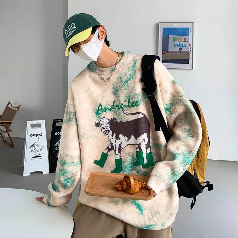 

Spot men's autumn and winter Hong Kong style printing loose casual sweater knit sweater