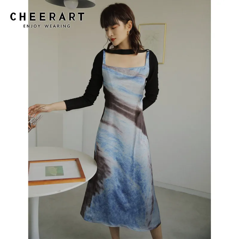 Платье CHEERART Tie Dye с длинным рукавом и квадратным вырезом, с масляным принтом, женское длинное платье, женская дизайнерская одежда, осеннее платье