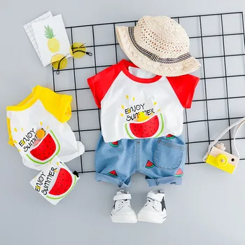 

kids baby boys short sleeve patchwork print tops pullover T-Shirts denim shorts short jeans toddler boy clothing sets 2pcs 6M-4Y