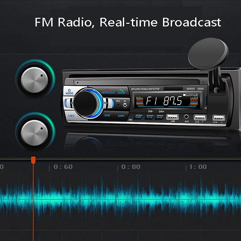 Car Multimedia Car Stereo Single Din BT Audio and Calling Built-In Microphone WMA 3USB Auxiliary Input FM Radio Receiver ISO Por