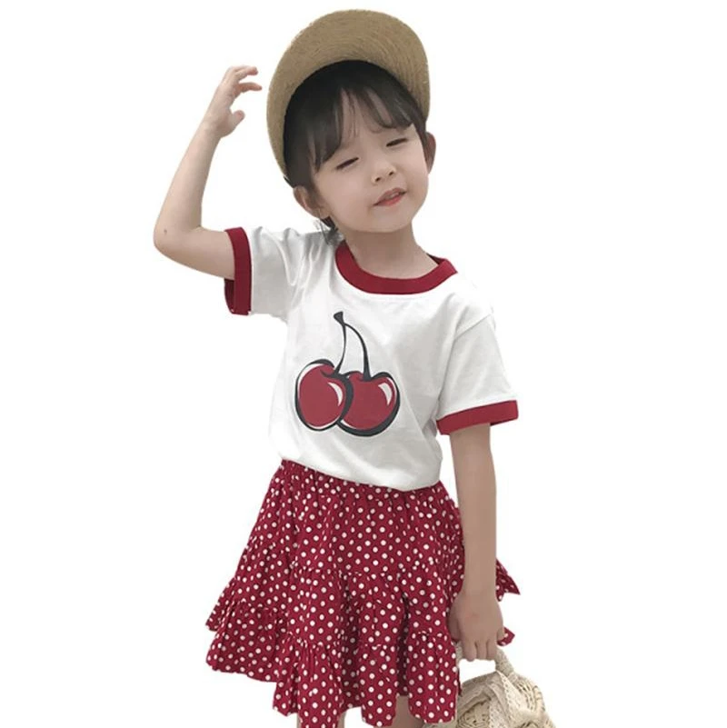 

Y135 2020 Summer Girls clothing set Cherry Print T-Shirt Red Polka Dot Skirt Set Female Baby 2 Piece Set