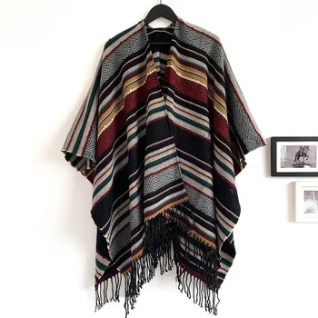 

Europeans and Americans Wind Stripe Open-forked Shawl Retro-ancient Jacquard Shawl Fall-winter Cashmere Shawl