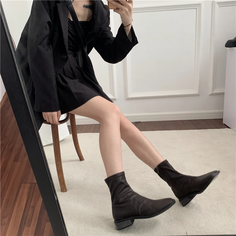 Fashion Women's PU Leather Ankle Boots Square Toe Low Heels Knight Shoes Black Apricot Coffee J72
