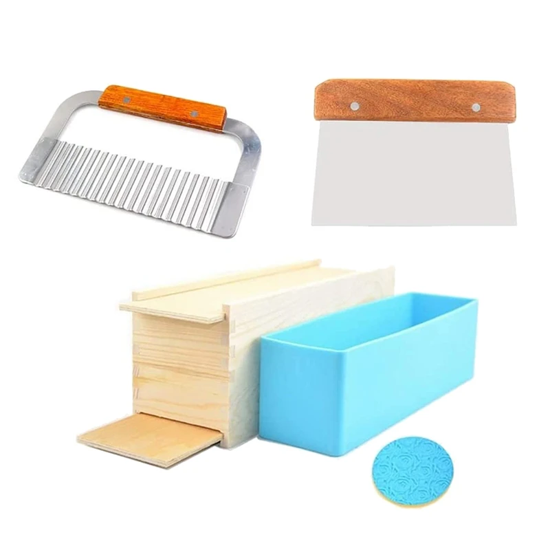 

Rose Pattern Silicone Soap Molds+Double Cover Soap Wood Box+2 Pcs Stainless Steel Wavy & Straight Scraper,Homemade Soap