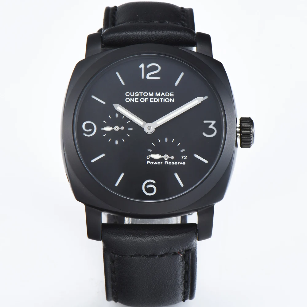 

44MM Power reserve Men's Watch Automatic Movement PVD Black Case Sturdy 316L New with Leather Strap Luminous Hands