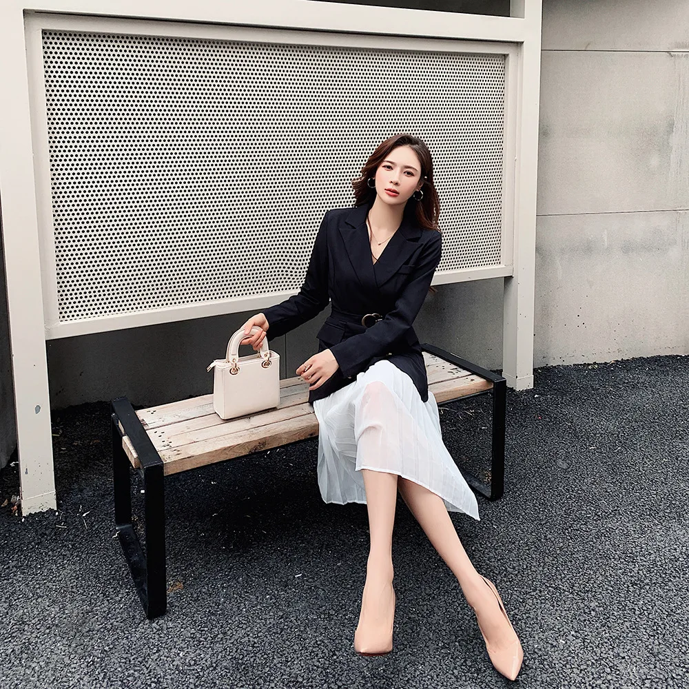 

2019 Early Autumn New Style Mid-length Fashion Slim Black Small Suit Coat Women's Korean-style Elegant Casual Two-Piece Set