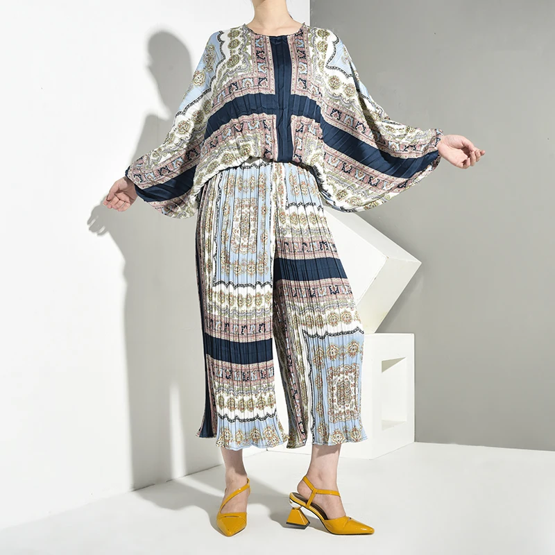 

[EWQ] 2019 Spring Autumn New Pattern Round Collar Print Patchwork Pullovers Elastic Waist Two Piece Set Women Fashion AH03501