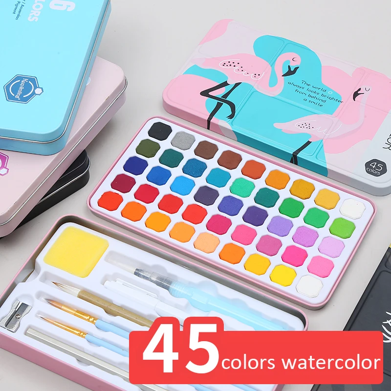 

45 Colors Solid Pigment Watercolor Paints Set With Pencil Portable Brush Pen For Professional Painting Art Supplies