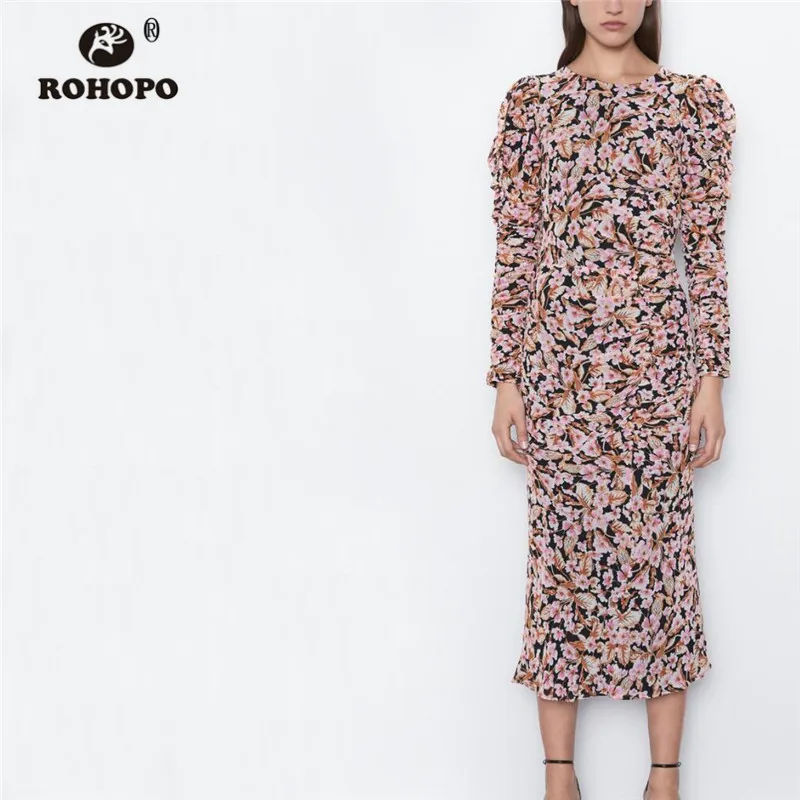 

ROHOPO Long Sleeve Round Collar Floral Elegant Midi Mermaid Dress Ruffled Sleeve Draped Front Party Printed Vestido #6551