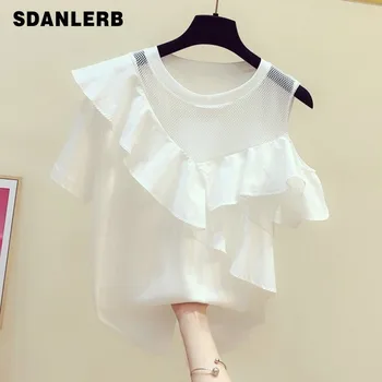 

One-Sided Off Shoulder Ruffles Splicing Hollow T-shirt Female 2020 Summer Top New Korean Style T Shirts Casual Tops White Tee