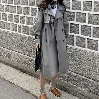 

2020 Russian Autumn Winter Casual Loose Trench Coat with Sashes Oversize Double Breasted Vintage Overcoats Windbreaker Outwear