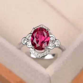 

New Rose Red Tourmaline Women's S925 Silver Ring Personalized Fashion Platinum Plated Korean Style Lady's Temperament Ring