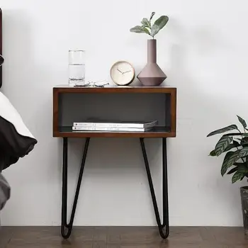 

Small Bedside Table Contemporary And Contracted Solid Wood, Wrought Iron Creative Bedside Table Deep Walnut Color Economy