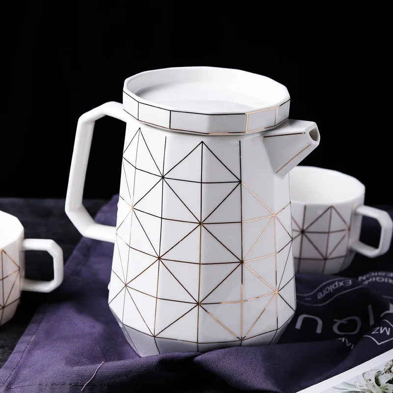 Керамический чайный горшок геометрической формы, ручная роспись, золотой, костяной фарфор, чайный горшок, 1л, тонкий чайный горшок, набор