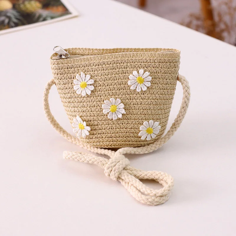 Summer Children Girls Shoulder Bag Daisy Flower Straw Messenger Kids Keys Coin Purse Princess Mini Handbag Coin Purse Coin Wallet Change Bag