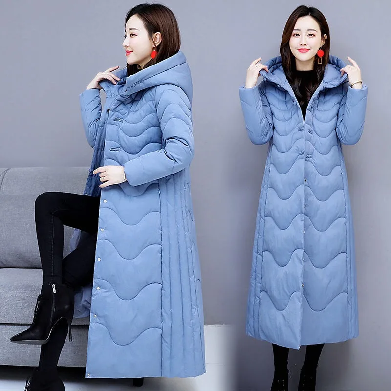 blue Winter Fall Casual Vintage Womens 4xl Loose Hooded Black Red Extra Long Padded Parka Coat, 3xl Warm Coats Parkas for Women - Цвет: blue